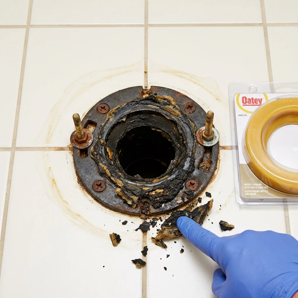 Failed wax ring showing water seepage at the base of a toilet in a La Salle, IL home